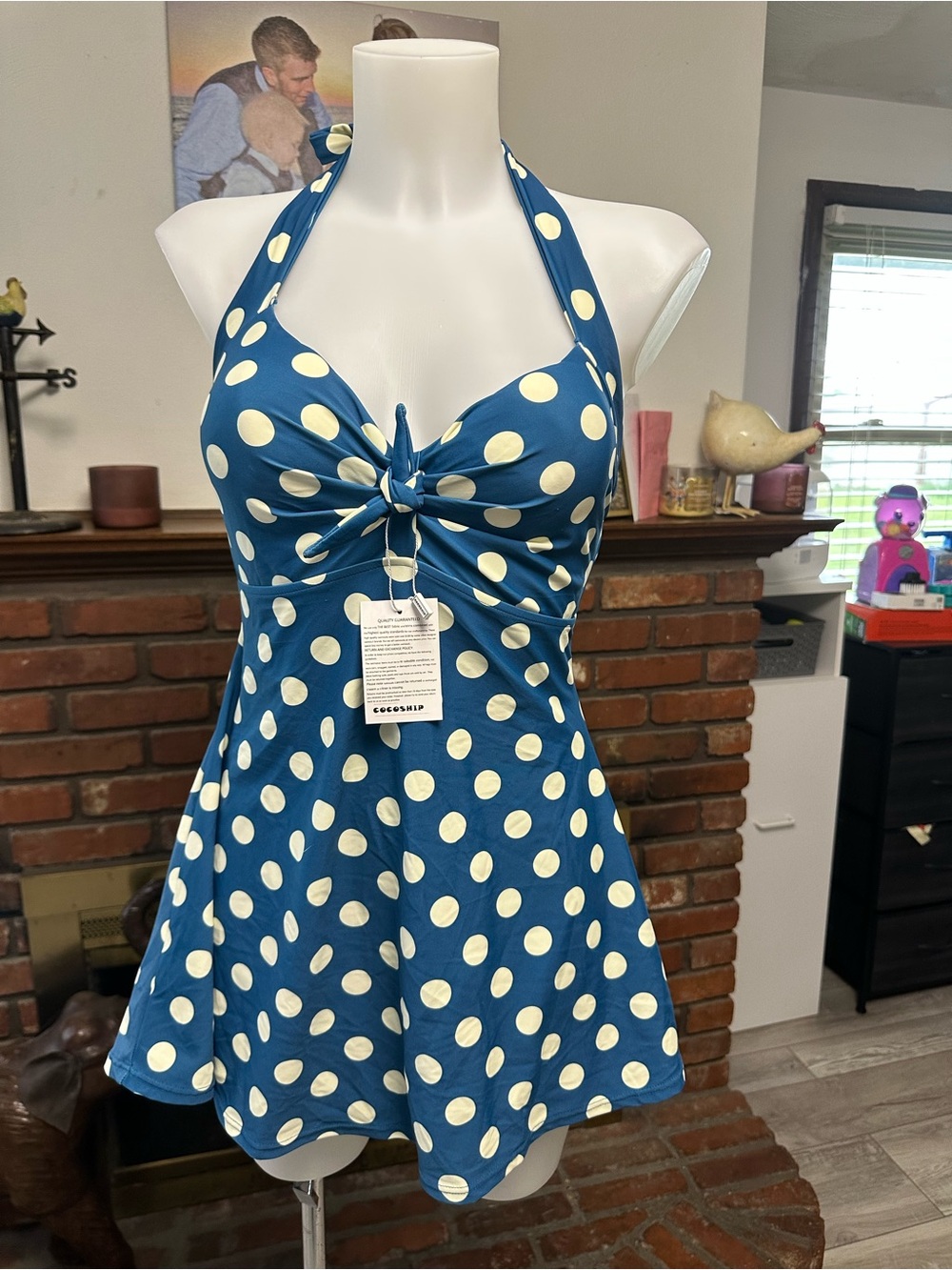 Blue Polka Dot Halter One-Piece Swim Dress -10